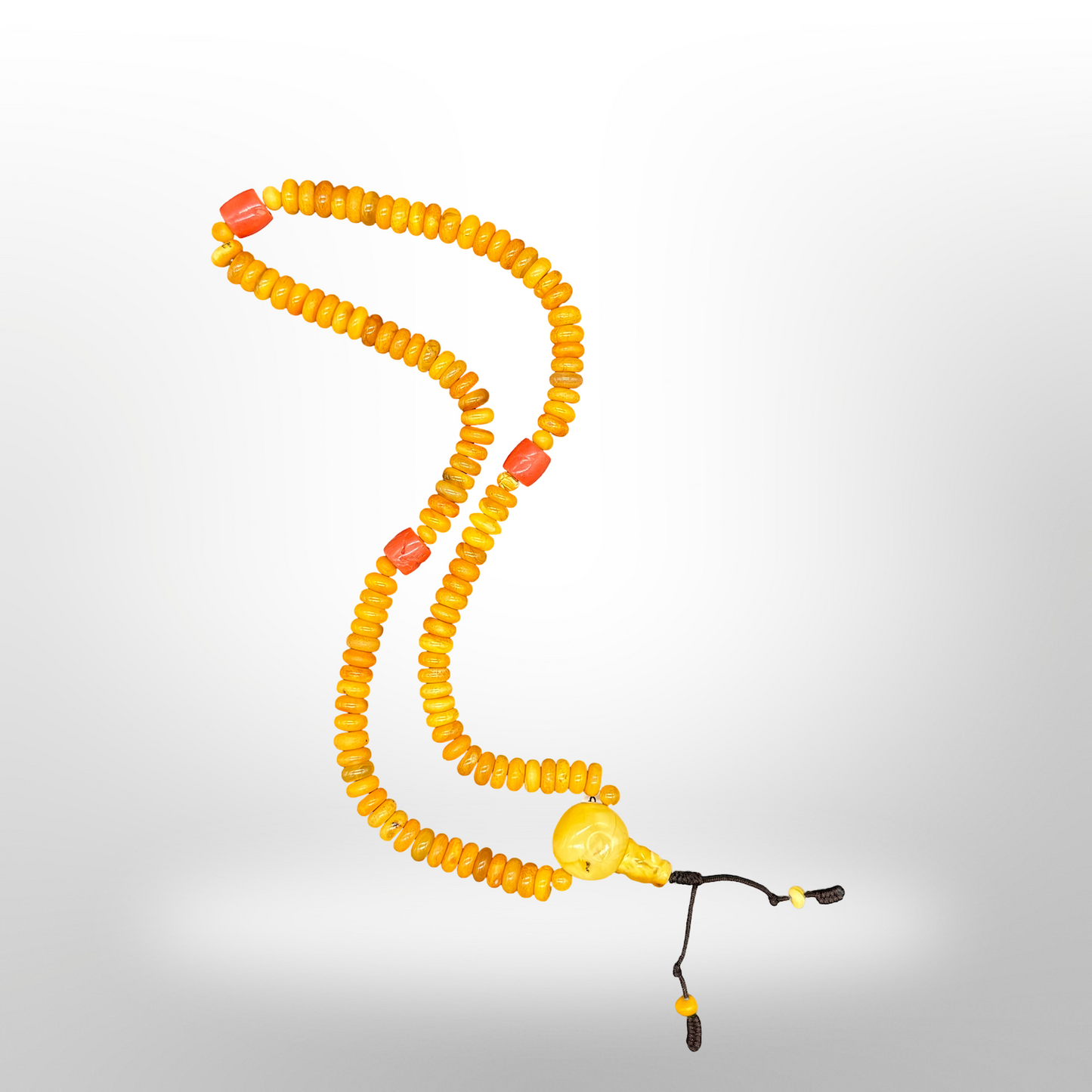 Natural Amber Mala Beads – 108 Bead Mala with 3 Coral Beads