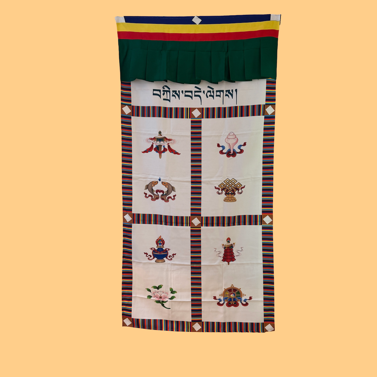 Rideau de porte tibétain avec 8 symboles porte-bonheur | 95 cm x 190 cm