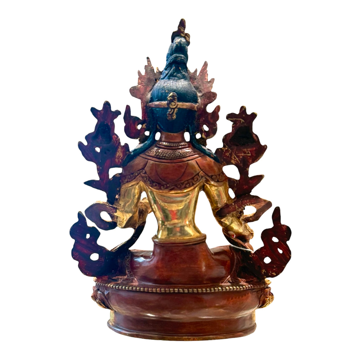Handgefertigte tibetische Grüne-Tara-Statue aus Nepal mit Lotusblüten, Vorderansicht