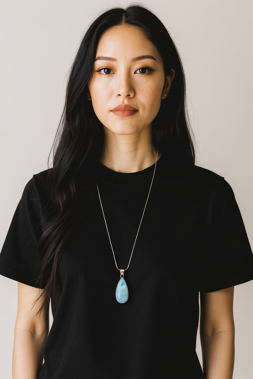 Eine asiatische Frau trägt Larimar Anhänger auf eine Silber-Kette mit schwarzem T-Shirt