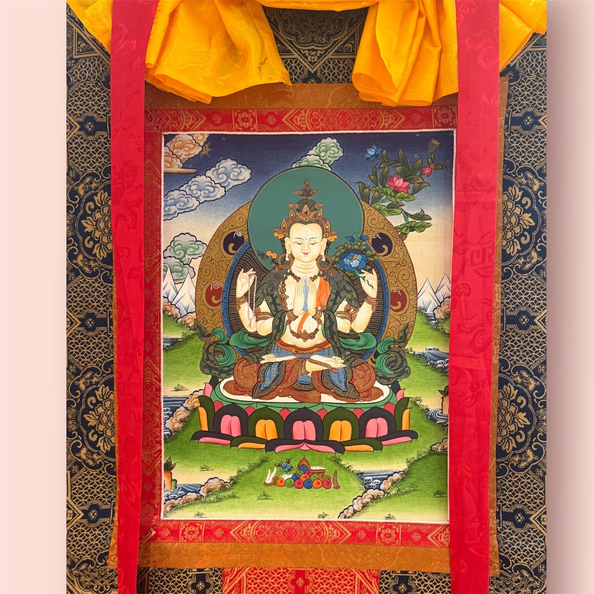 Chenrezig Thangka – Avalokiteshvara with Brocade, 81 × 65 cm