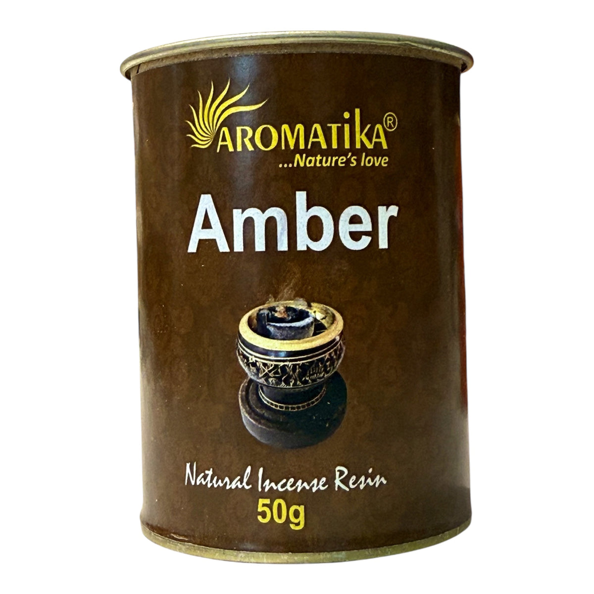 Hier sieht mann Räucherwerk aus Amber in einer Dose mit weissem Hintergrund