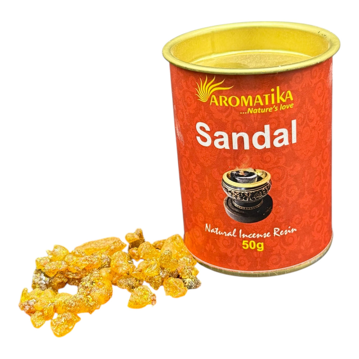 Hier sieht mann Räucherwerk aus Sandal in einer Dose mit weissem Hintergrund