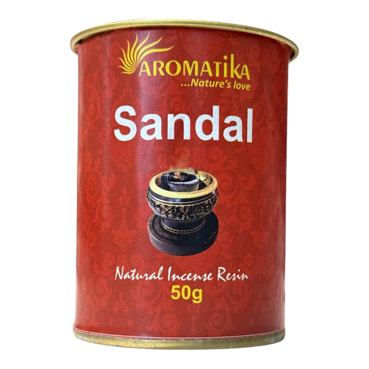 Hier sieht mann Räucherwerk aus Sandal in einer Dose mit weissem Hintergrund