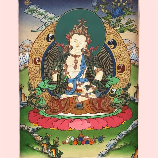 Gesamtansicht des Dorje Sempa Thangkas mit dunkel gemusterter Brokateinfassung, roten Bändern und gelbem Stoffüberhang.