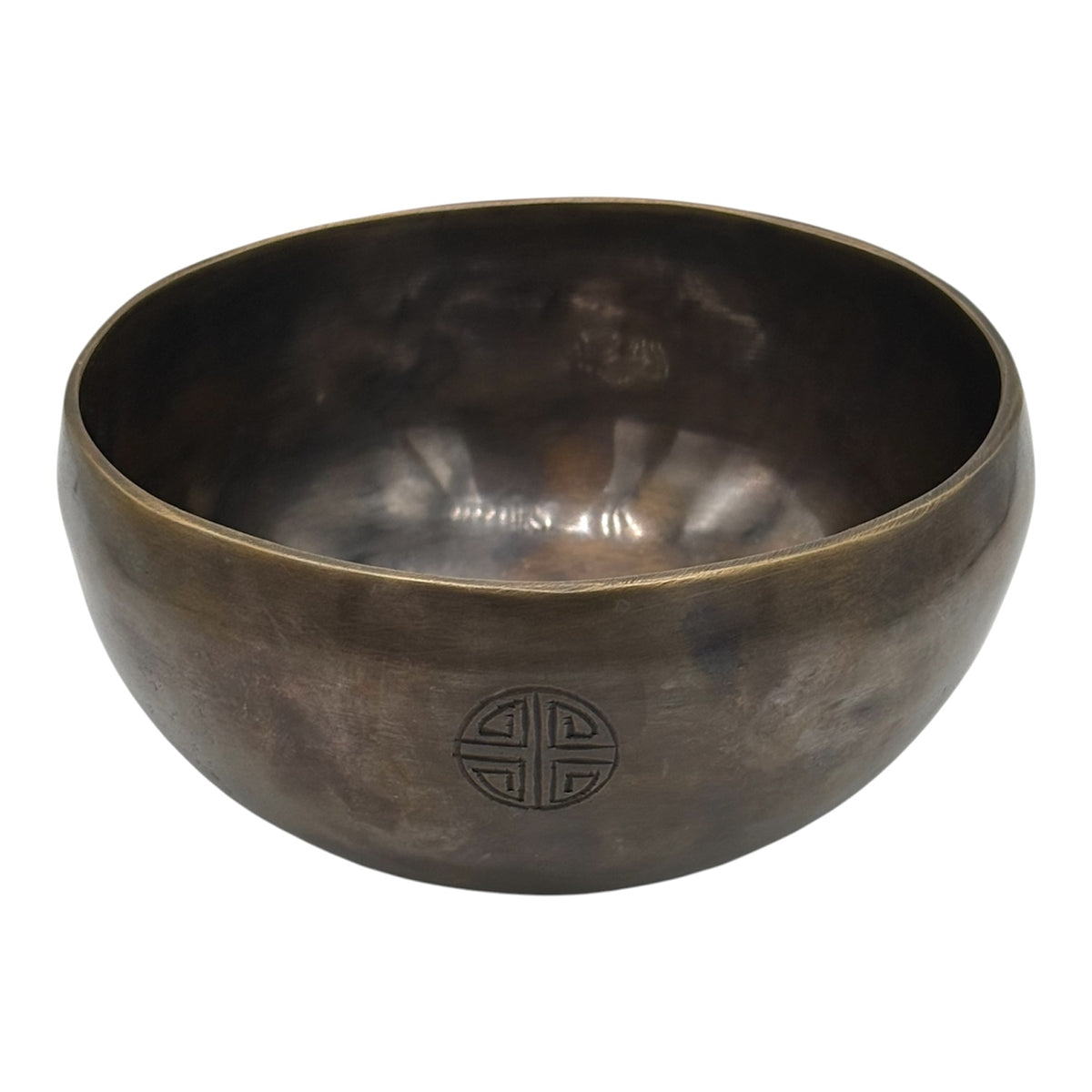 Dunkle Om Mani Padme Hum Klangschale im Antik-Look – 662 g, A/E