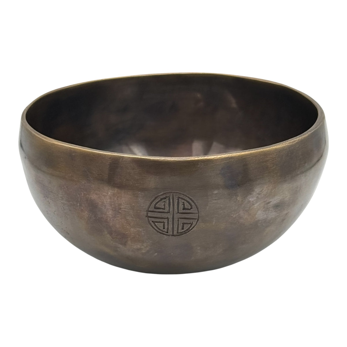 Dunkle Om Mani Padme Hum Klangschale im Antik-Look – 662 g, A/E