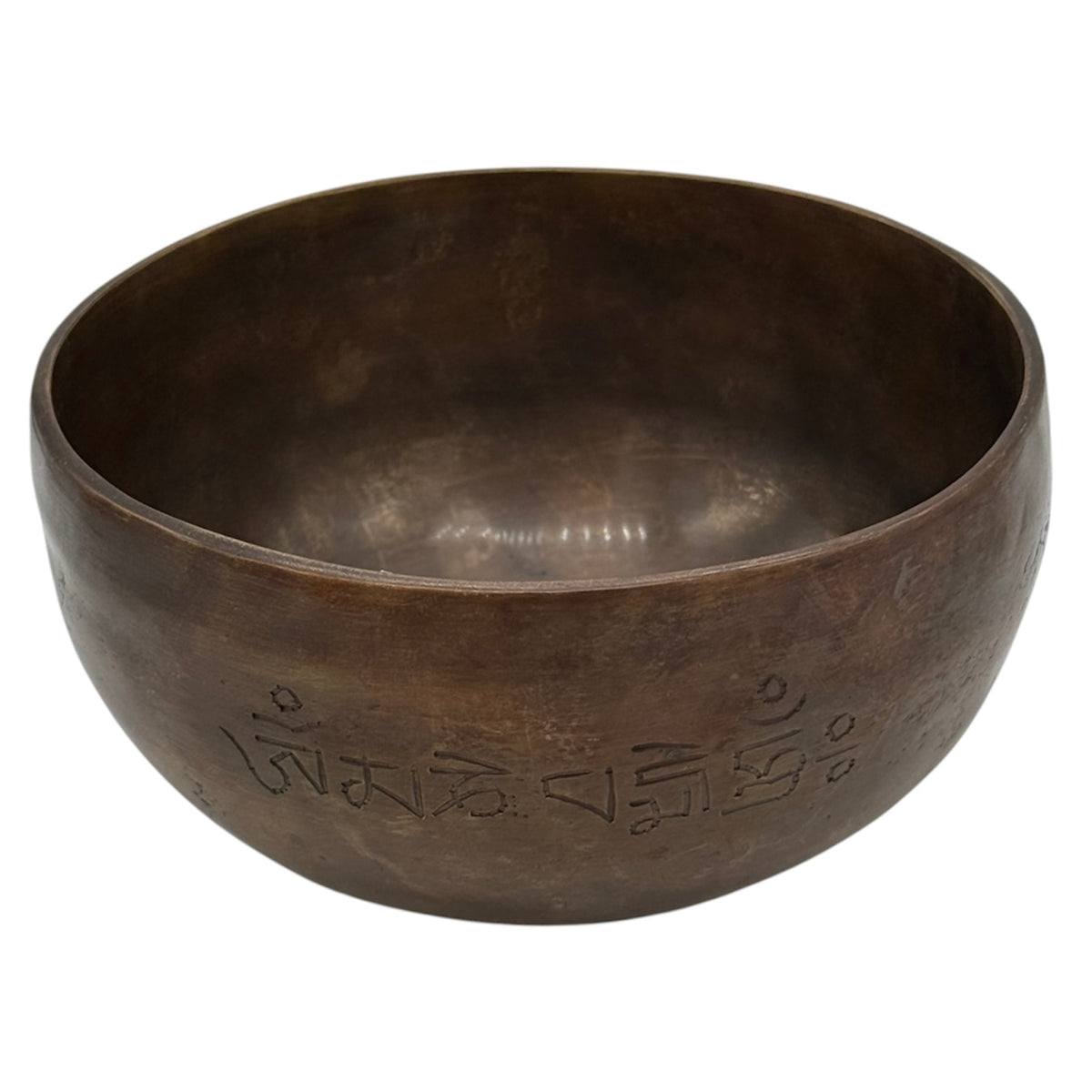 Mantra: Dunkle Om Mani Padme Hum Klangschale mit eingraviertem Mantra auf der Aussenseite