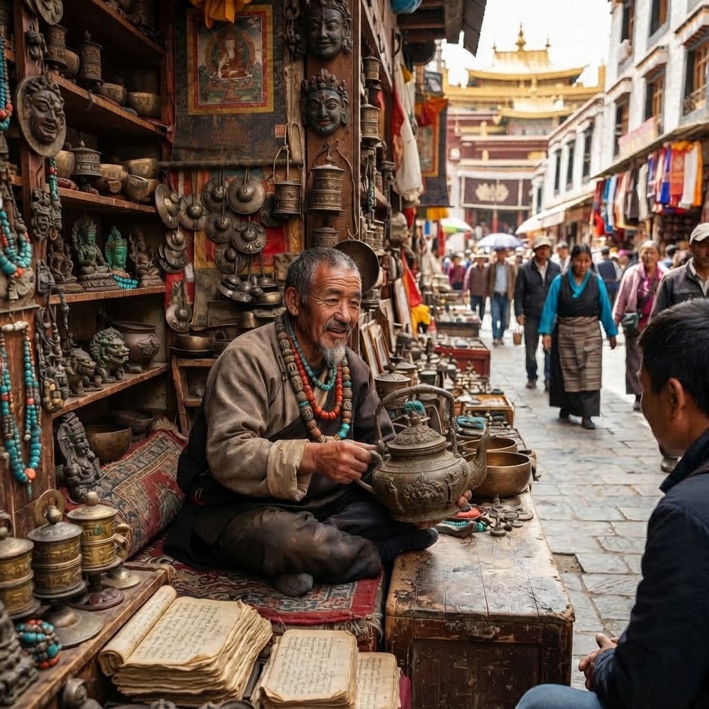 Ein tibetischer Antiquitätenhändler, der mehrere Ketten aus Dzi- und Korallenperlen trägt, sitzt im Schneidersitz auf einem belebten Basar in Lhasa