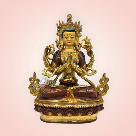 Avalokiteshvara Chenrezig Statue mit goldplattiertem Gesicht, Vorderansicht