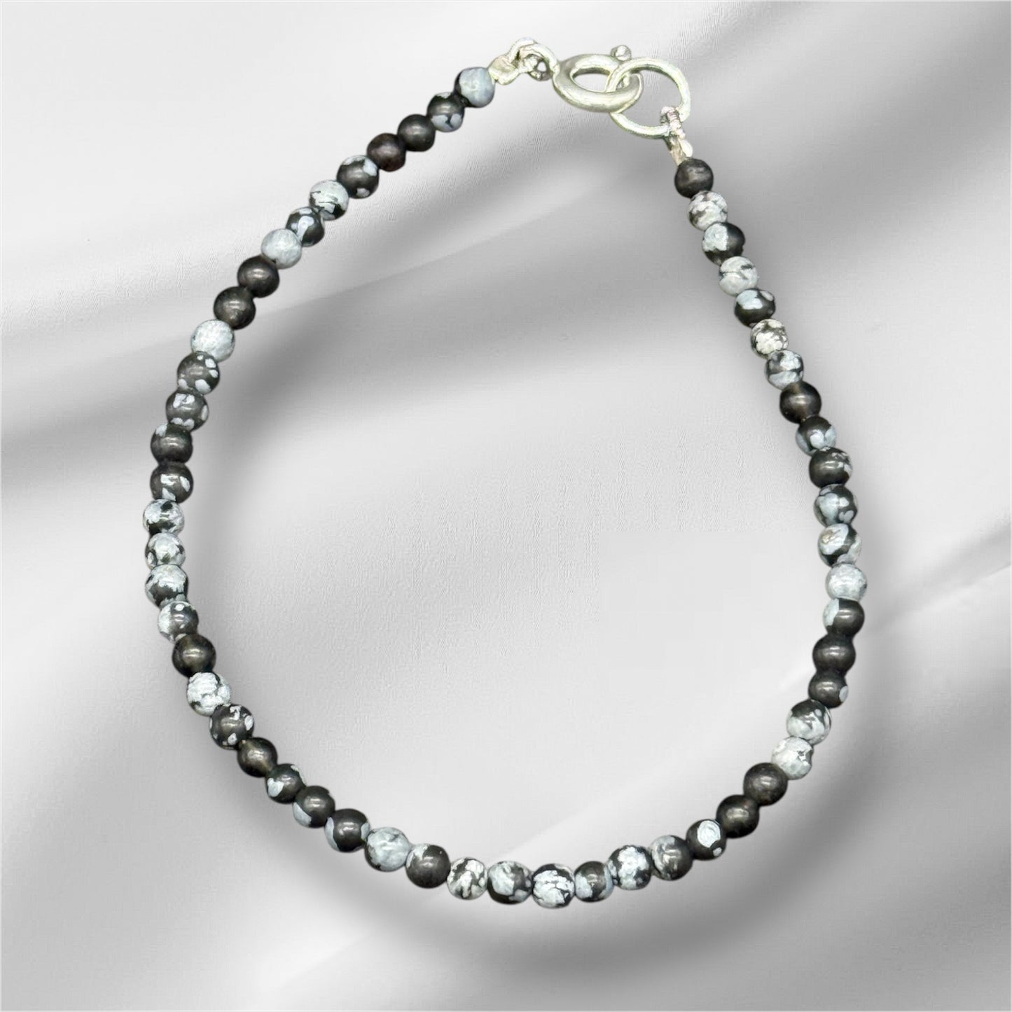 Floral Jasper Bracelet, 925 Sterling Silver - 4mm Beads, 18 cm