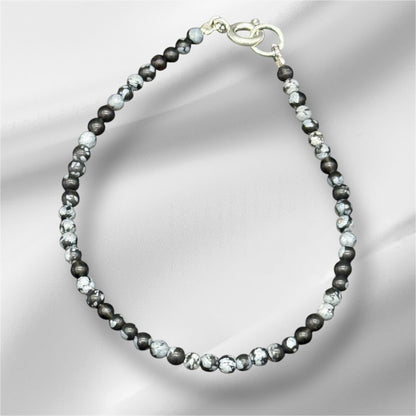Floral Jasper Bracelet, 925 Sterling Silver - 4mm Beads, 18 cm