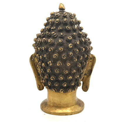 Zeigt vom Hinten die Buddha Kopf Statue aus Messing mit weissem Hintergrund