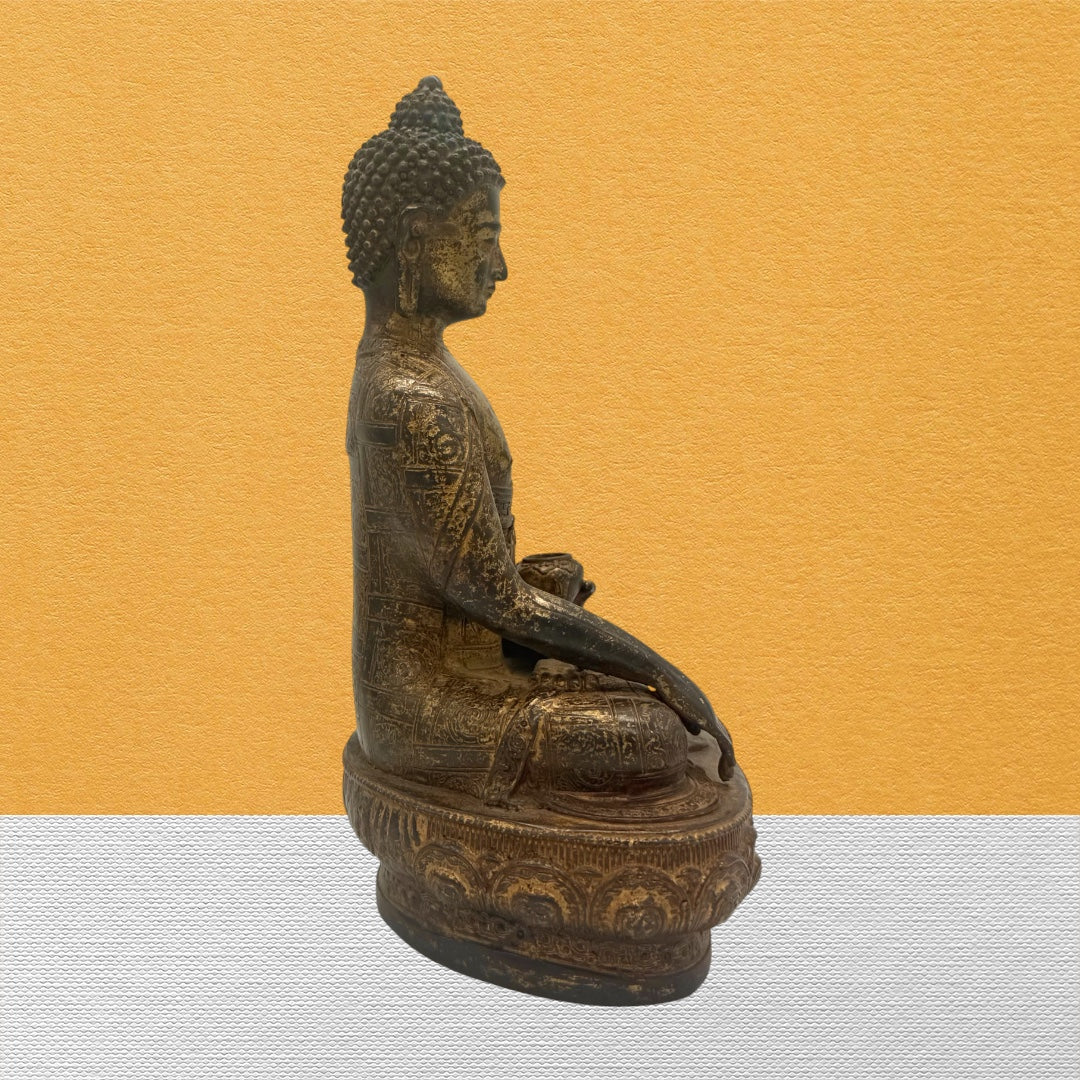 Alter Buddha Shakyamuni aus Kupfer, Rückansicht