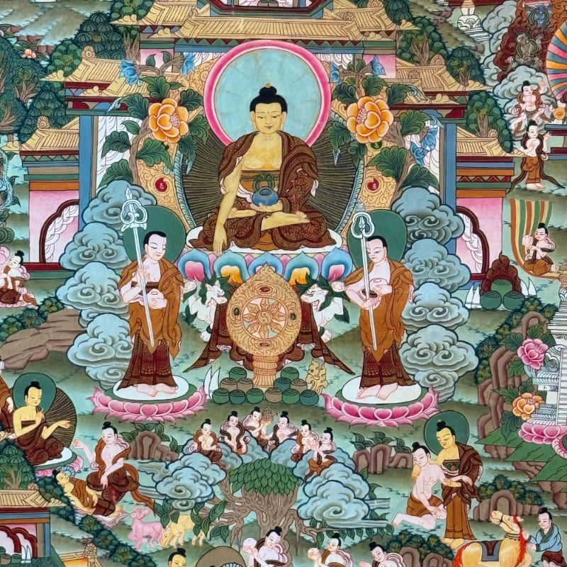 Buddha Shakyamuni Thangka – Buddhas Lebensreise -Handgemalt, aus Nepal