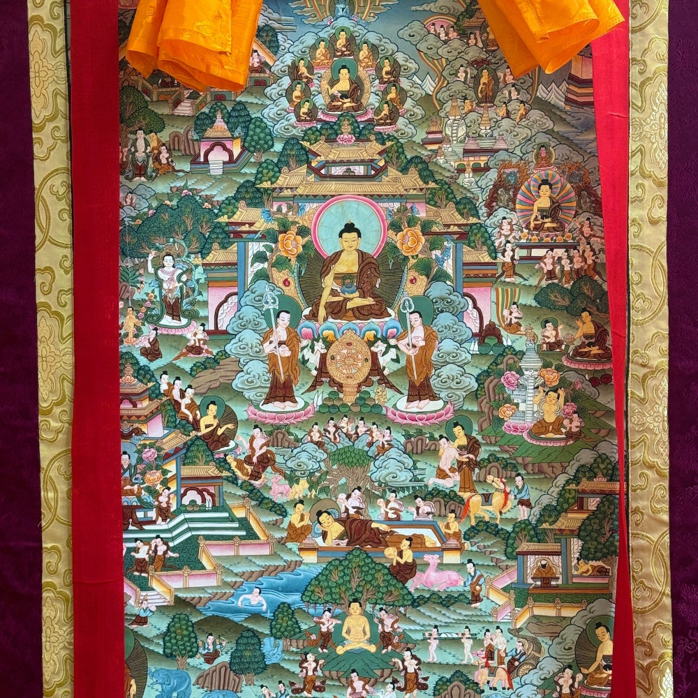 Buddha Shakyamuni Thangka – Buddhas Lebensreise -Handgemalt, aus Nepal