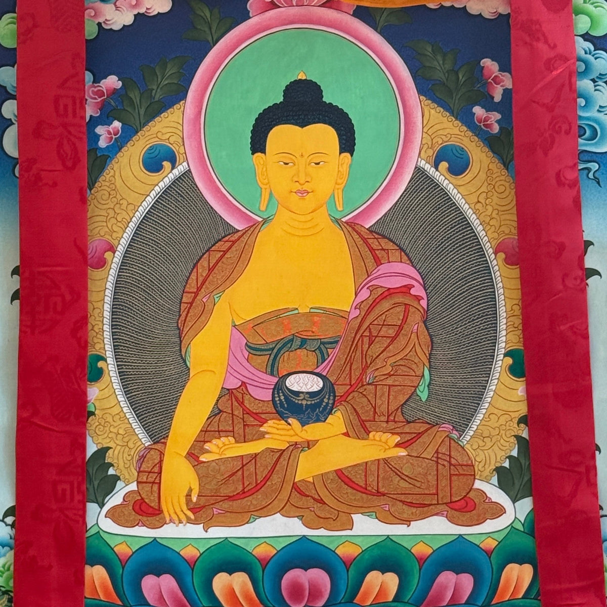 Buddha Shakyamuni Thangka – Handgemalt, aus Nepal
Dieser kunstvoll handbemalte Thangka zeigt Buddha Shakyamuni, den historischen Buddha, in klassischer Meditationshaltung