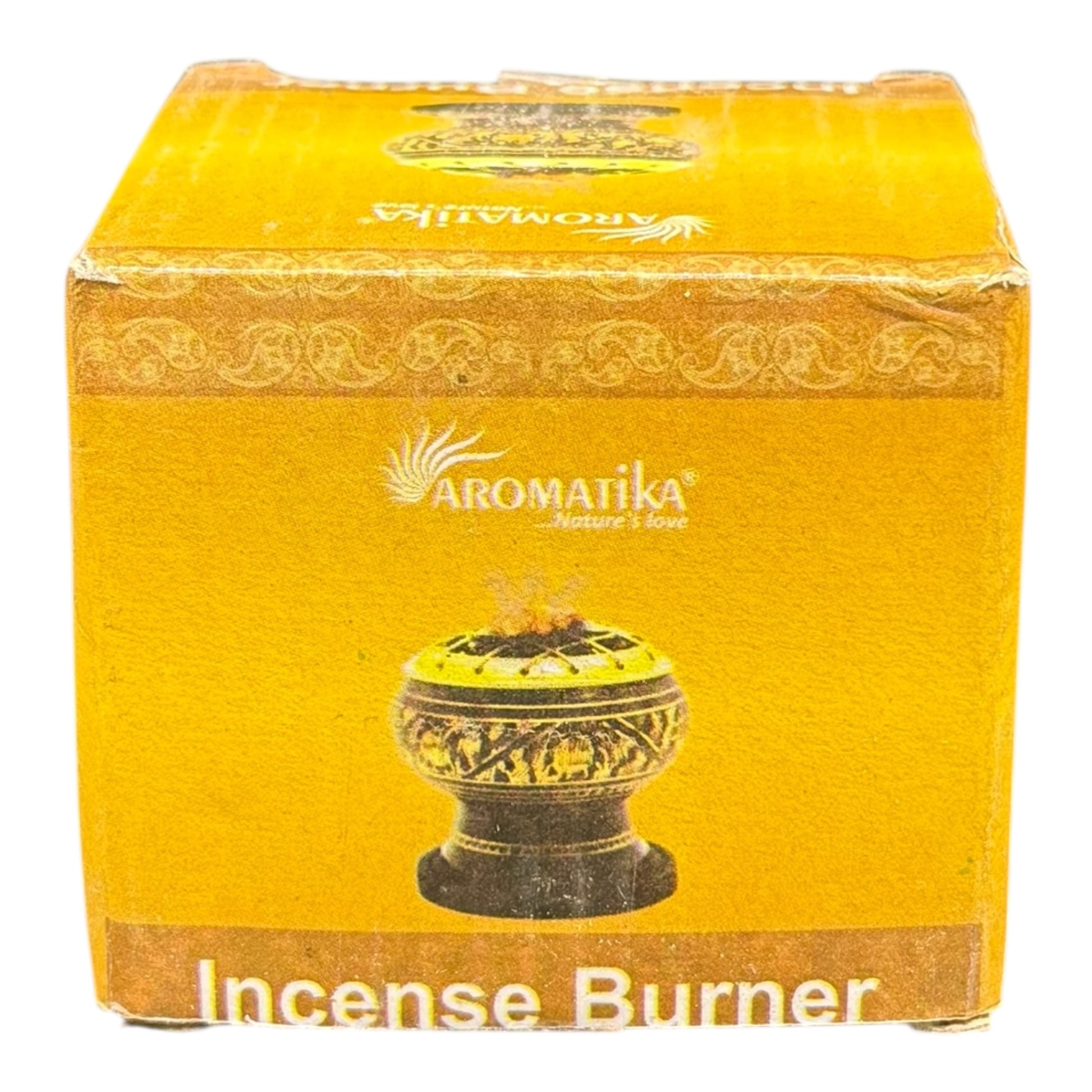 Edler Räucherholzbrenner aus Metall mit Holzsockel in einer Verpackung