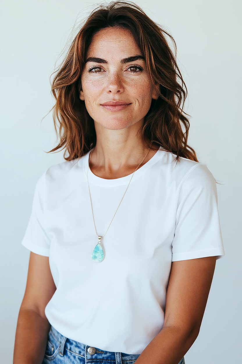 Eine weisse Frau mit weisses T-Shirt trägt einen Larimar-Anhänger