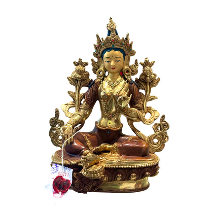 Rückansicht der handgefertigten Grünen-Tara-Statue aus Nepal mit Lotusblüten