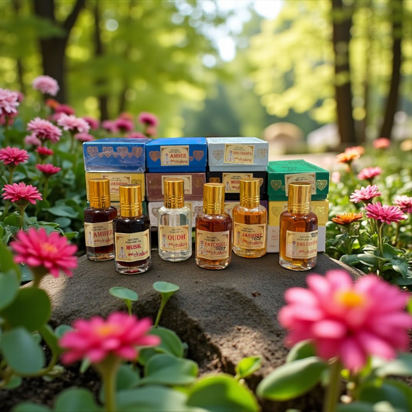 Es zeigt Natur Ölparfüm aus Indien – Traditionelles Parfüm | Chakra Parfüm. mitten im Wald, umgeben von Blumen. Sonnenstrahlen scheinen aus dem Hintergrund