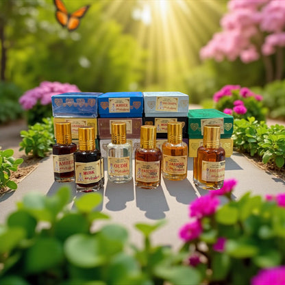 Es zeigt Natur Ölparfüm Set aus Indien – Traditionelles Parfüm | Chakra Parfüm mitten im Wald, umgeben von Blumen. Sonnenstrahlen scheinen aus dem Hintergrund