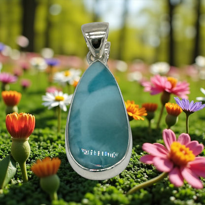 Larimar Anhänger umgeben von Büschen und Grünpflanzen