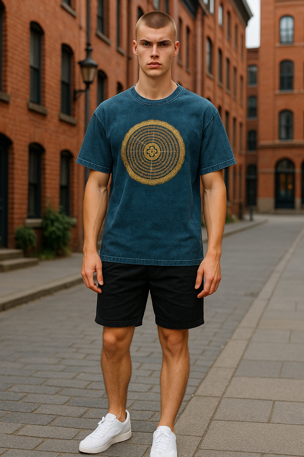 Ein Mann trägt blaues T-Shirt mit Mandala aus Om Mani Padme Hum Mantra