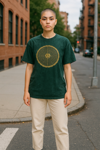 Eine Frau trägt grünes T-Shirt mit Mandala aus Om Mani Padme Hum Mantra