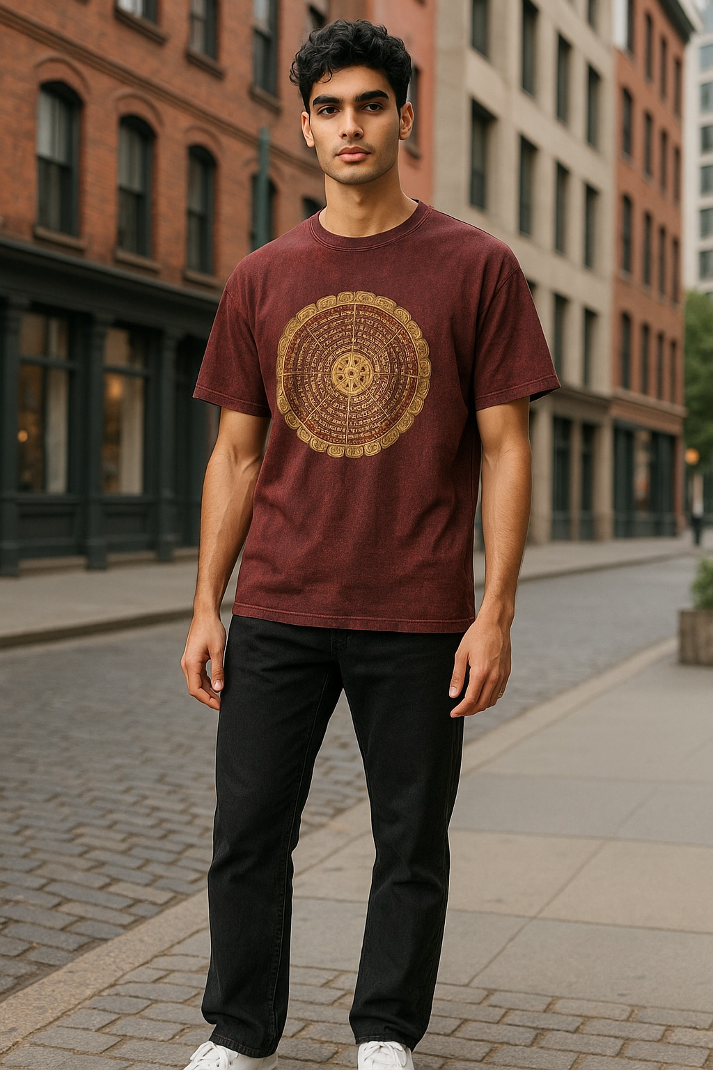Ein Mann trägt rotes T-Shirt mit Mandala aus Om Mani Padme Hum Mantra