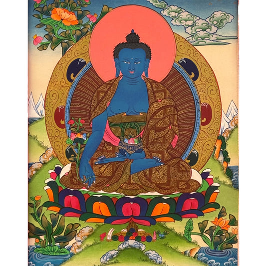 Blauer Medizin-Buddha auf einem bunten Lotusthron mit Schale, Heilpflanze und rot-orangefarbenem Heiligenschein