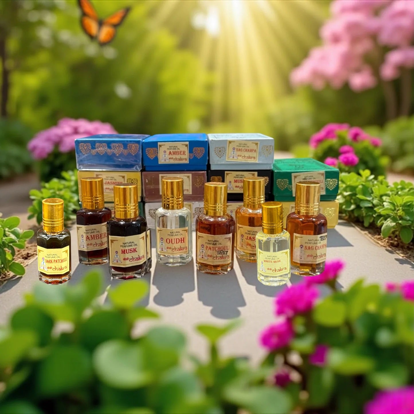 Zeigt eine Kollektion von Düfte in kleine Flasche umgeben von Blumen und Bäumen.