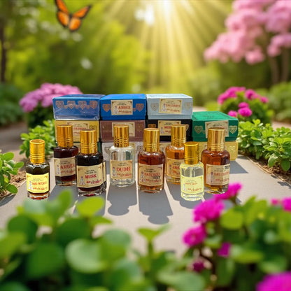 Zeigt eine Kollektion von Düfte in kleine Flasche umgeben von Blumen und Bäumen.