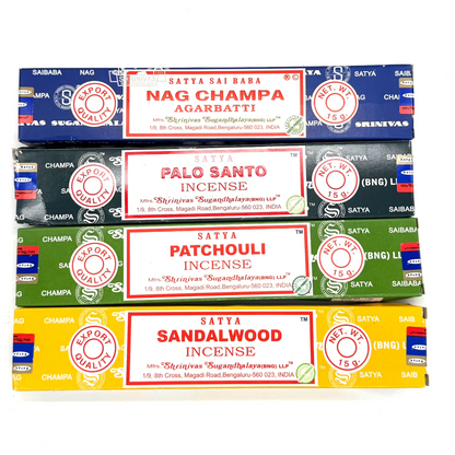 Original indischer Satya-Duftstäbchen Nagchampa Palo Santos Patchouli Sandal 4 verschiedene Geschmacksrichtungen