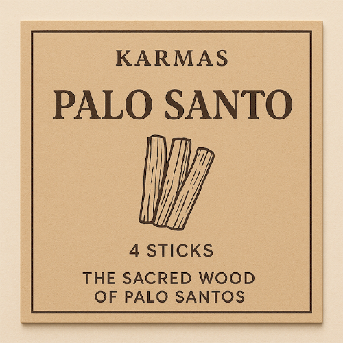 EIn Sticker vom KARMAS Palo Santo 4 Stäbchen und dem Schrift The Sacred wood of Palo Santo