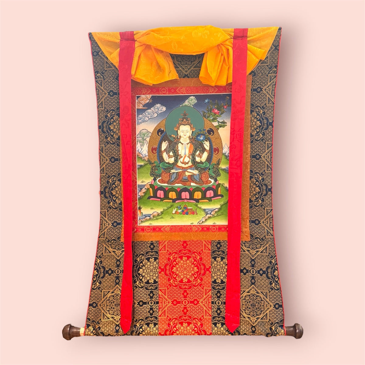 Chenrezig Thangka – Avalokiteshvara with Brocade, 81 × 65 cm