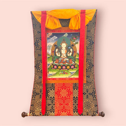 Chenrezig Thangka – Avalokiteshvara with Brocade, 81 × 65 cm