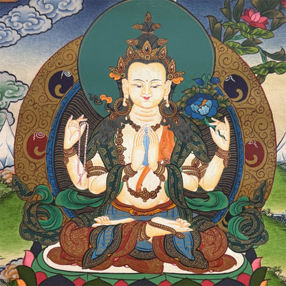 Chenrezig Thangka – Avalokiteshvara with Brocade, 81 × 65 cm