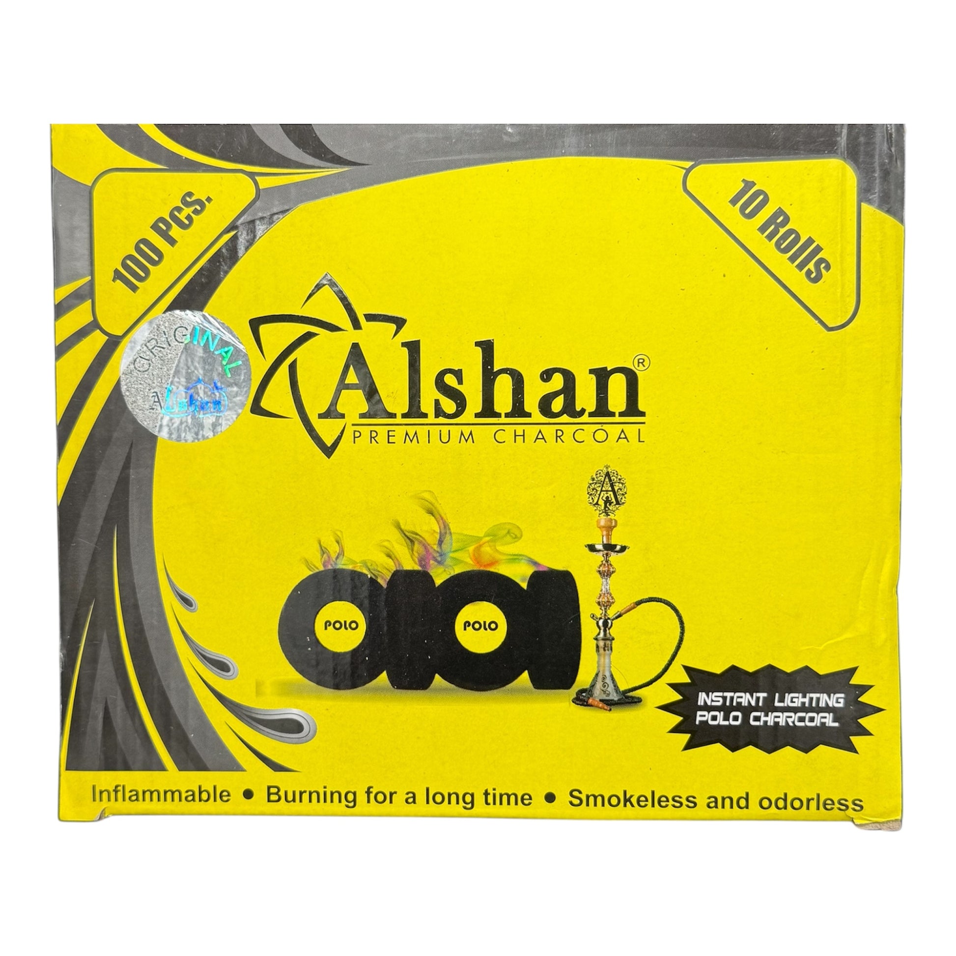 Hier sieht mann ein Premium-Räucherkohle in gelbe Verpackung