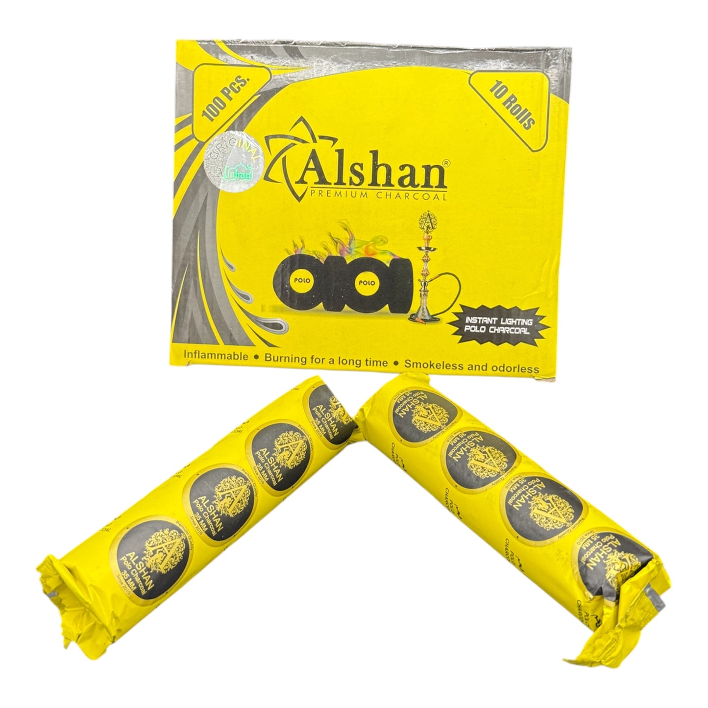 Hier sieht mann ein Premium-Räucherkohle in gelbe Verpackung