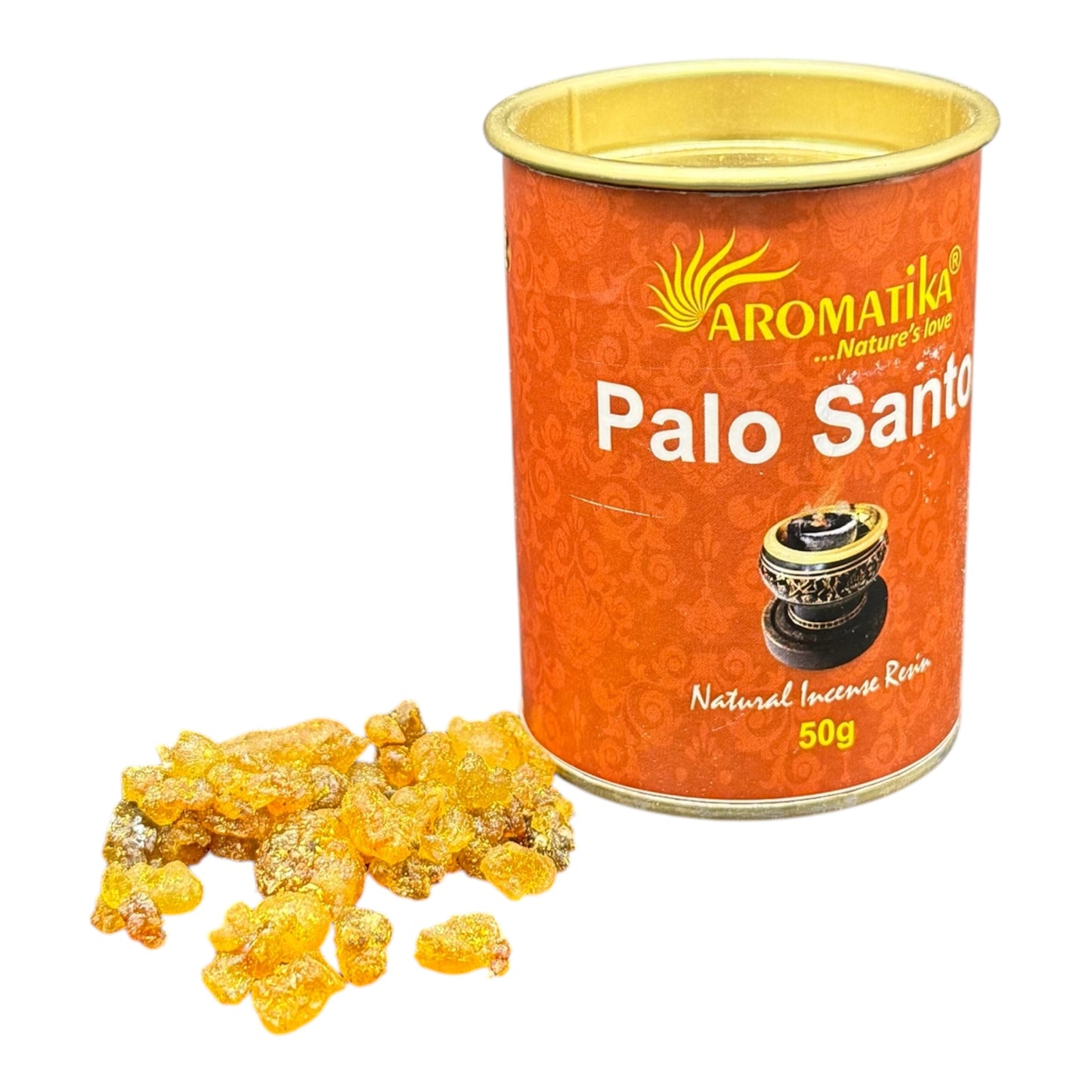 Hier sieht mann Räucherwerk aus  Palo Santo in einer Dose mit weissem  Hintergrund 