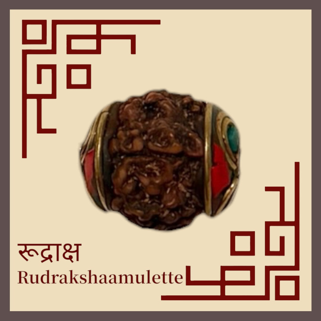 Rudraksha-Amulett mit Messingfassung und farbigen Seitensteinen an schwarzer verstellbarer Kordel