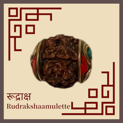 Rudraksha-Amulett mit Messingfassung und farbigen Seitensteinen an schwarzer verstellbarer Kordel