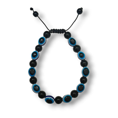 Verstellbares Schutzarmband mit Onyx und blau-weissen Glasperlen