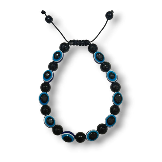 Verstellbares Schutzarmband mit Onyx und blau-weissen Glasperlen