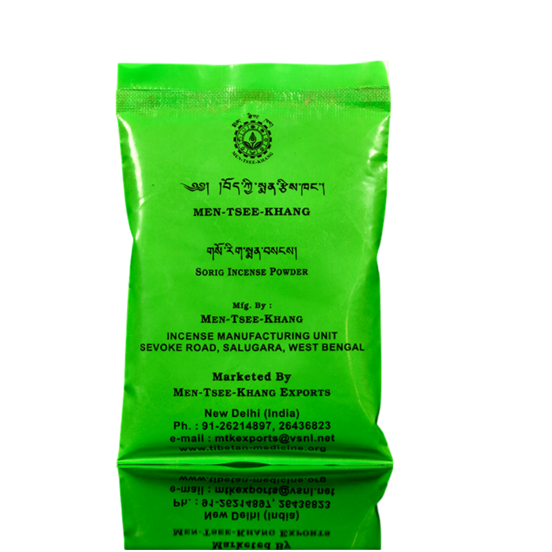 Sorig-Duftpulver in grüner Verpackung mit weisem Hintergrund, 