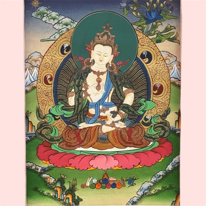 Gesamtansicht des Dorje Sempa Thangkas mit dunkel gemusterter Brokateinfassung, roten Bändern und gelbem Stoffüberhang.