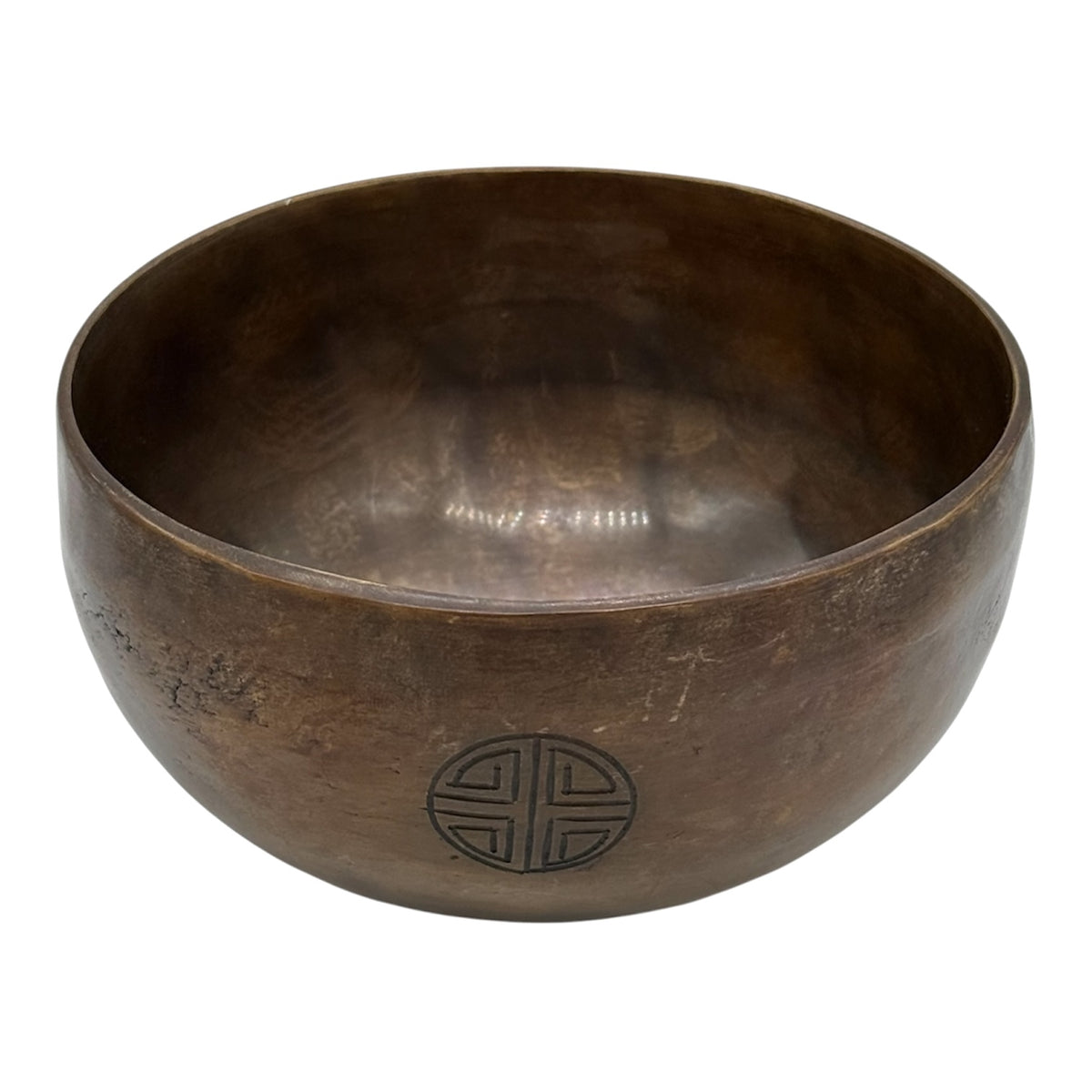 undes Symbol: Dunkle Om Mani Padme Hum Klangschale mit rundem graviertem Symbol auf der Vorderseite