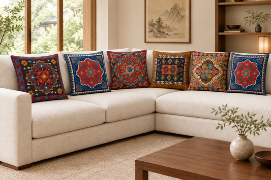 Living room with all six cushion designs on an L-shaped sofa